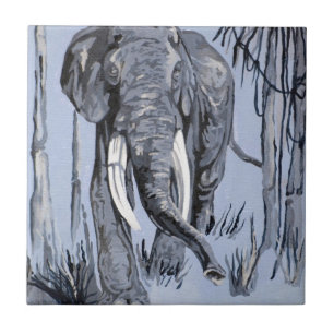 Elefant, der durch die waldreiche Savanne in Blau  Fliese