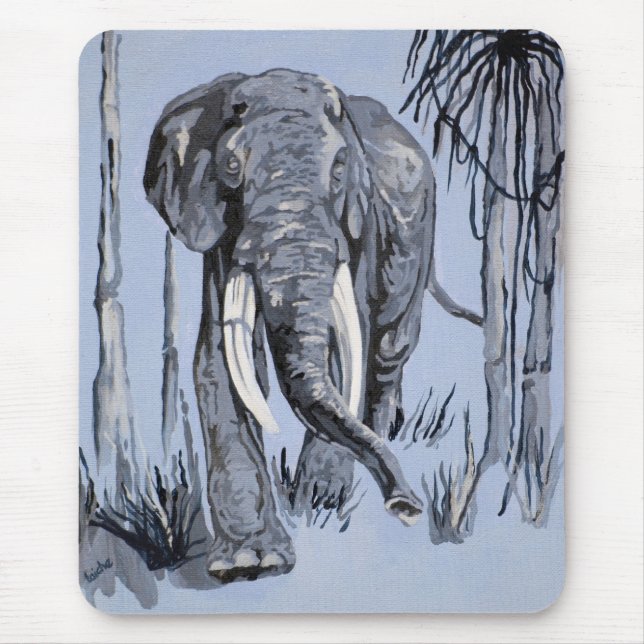 Elefant, der durch die waldreiche Savanne in Blau  Mousepad (Vorne)
