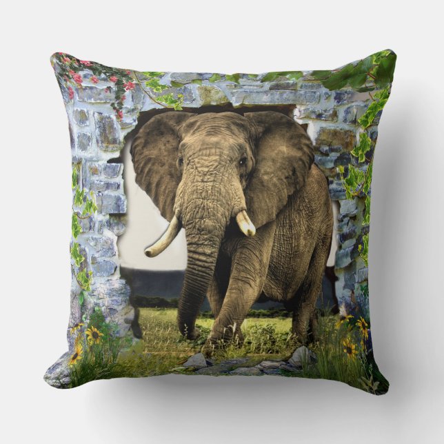 Elefant, der durch eine Ziegelmauer tritt Kissen (Vorderseite)