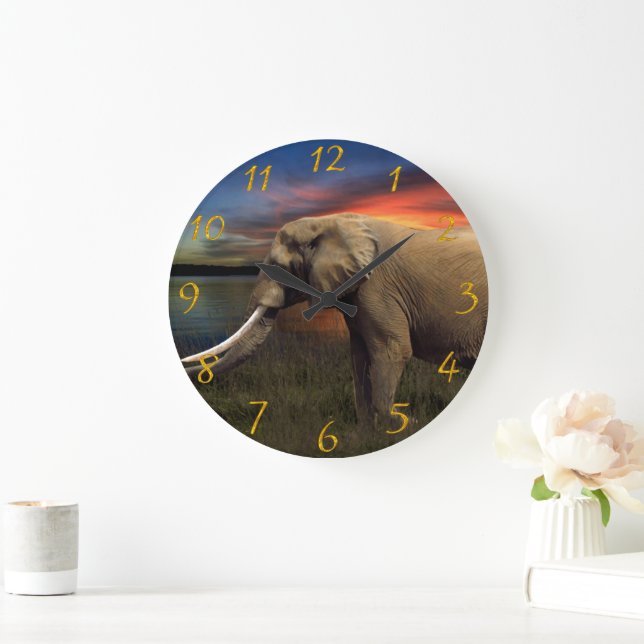 Elefant draußen in der Savanne Tierebene Große Wanduhr (Zuhause)