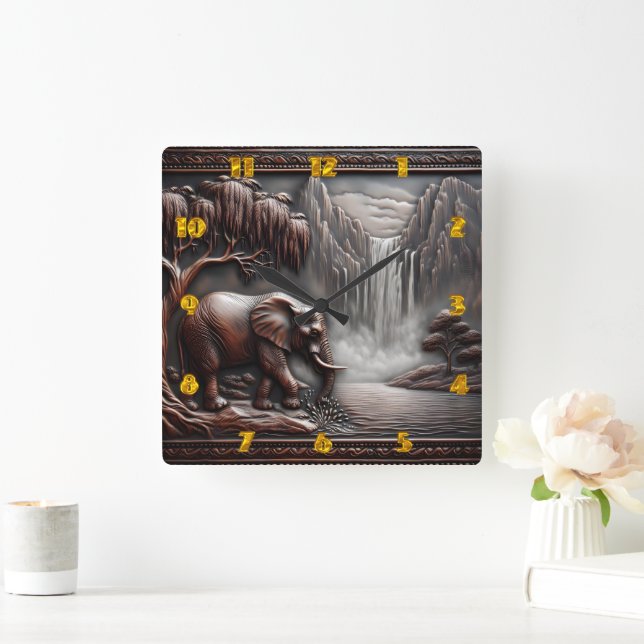 Elefant durch Wasserfall in begehter Not Quadratische Wanduhr (Zuhause)