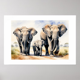 Elefant Familie Aquarell-Wildtier-Kunst Poster