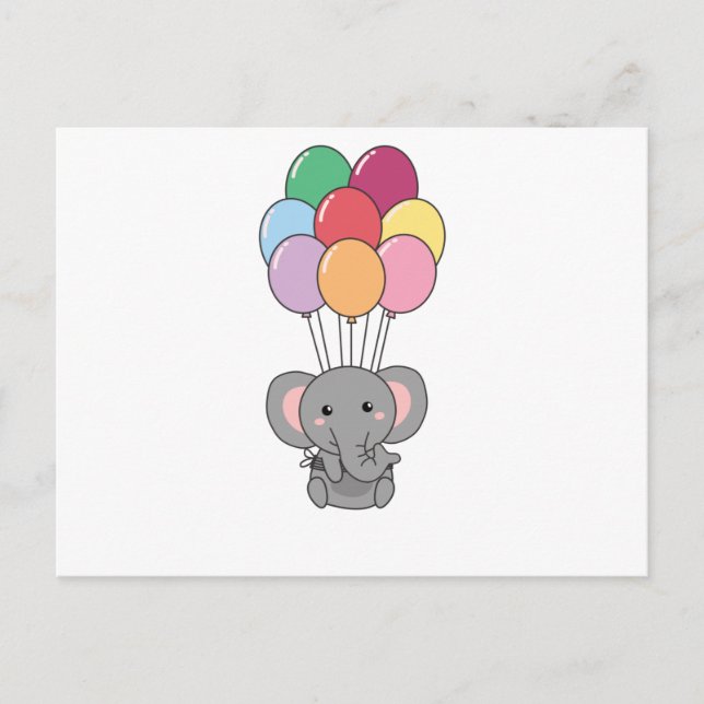 Elefant fliegt mit farbenfrohen Balloons auf Postkarte (Vorderseite)
