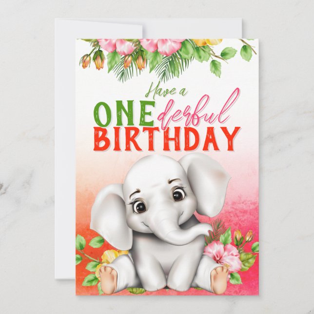 Elefant Floral 1. Geburtstag Karte (Vorderseite)