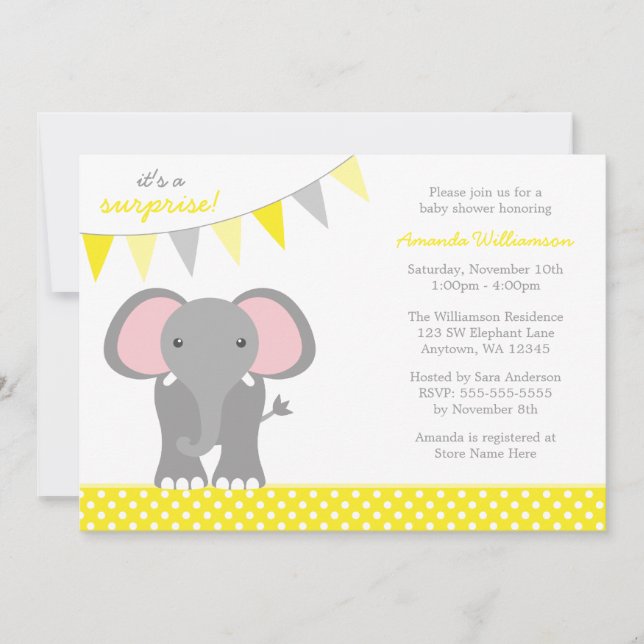 Elefant-gelbe Tupfen-Fahnen-Babyparty Einladung (Vorderseite)