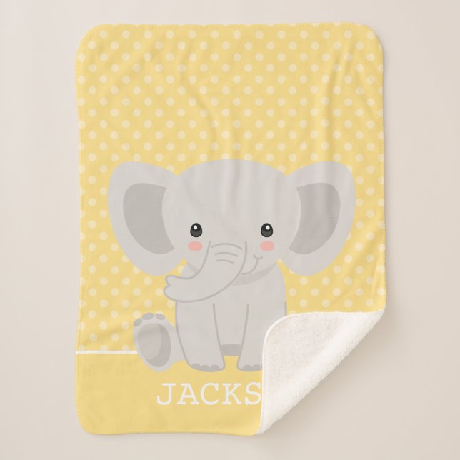 Elefant-gelber Polka-Punkt-personalisierter Junge Sherpadecke (Vorderseite)