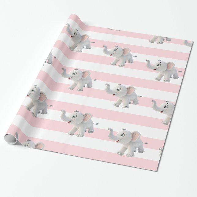 Elefant Geschenkpapier Rosa & Weiß gestreift (Ungerollt)