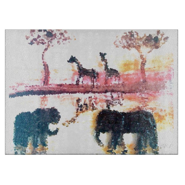 Elefant, Giraffen-Safari-Sonnenuntergang-Kunst Schneidebrett (Vorderseite)