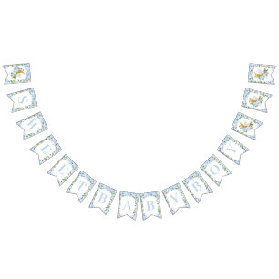 Elefant Halbmond Blau Blumig Jungen Babyparty Wimpelkette