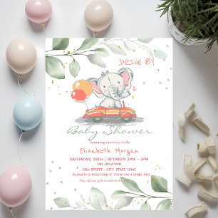Elefant im Auto Florale Drive-By-Baby-Party Einladung
