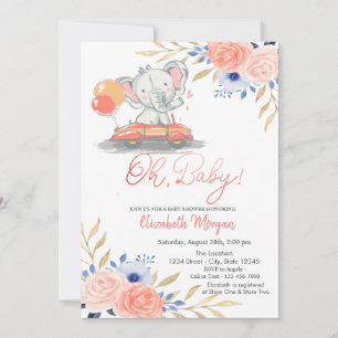 Elefant im Auto, Luftballons Florale Babyparty Einladung