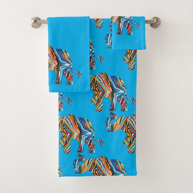 Elefant in einem psychedelischen Zebra-Muster Badhandtuch Set (Insitu)