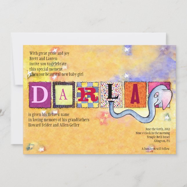 Elefant-jüdisches Baby, das Einladung (Vorderseite)