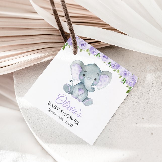 Elefant, Lila Aquarellfarben-Blume, Babydusche Geschenkanhänger (Von Creator hochgeladen)