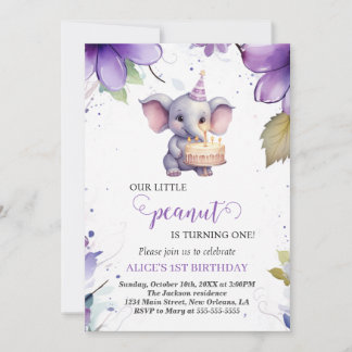 Elefant, Lila Aquarellfarben-Blume, erster Geburts Einladung
