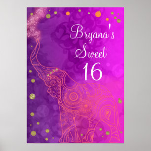 Elefant lila rosa orange und gold Partybanner Poster