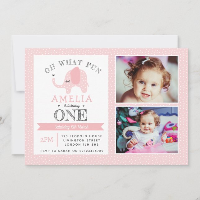 Elefant-Mädchen-1. Geburtstags-Einladung Einladung (Vorderseite)
