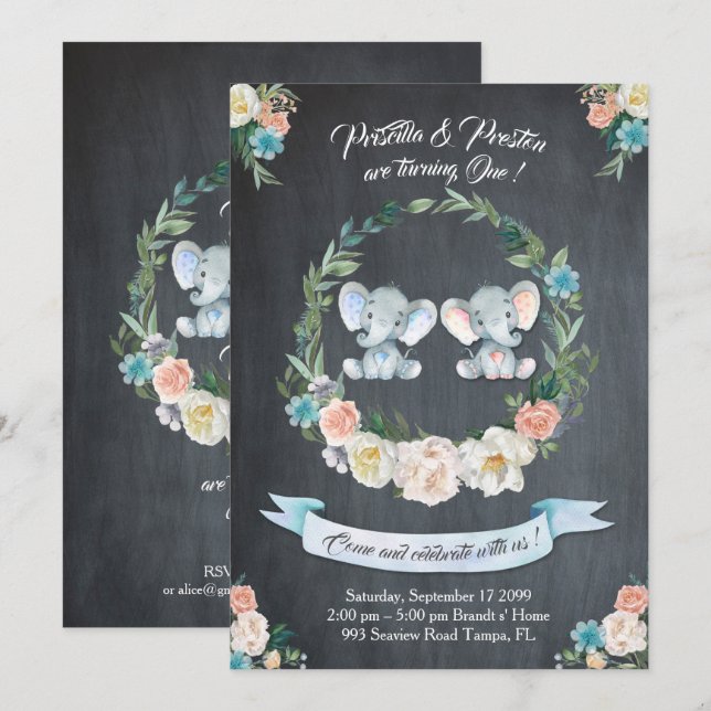 Elefant-Mädchen-Junge- Doppeleinladung, mit Einladung (Vorne/Hinten)