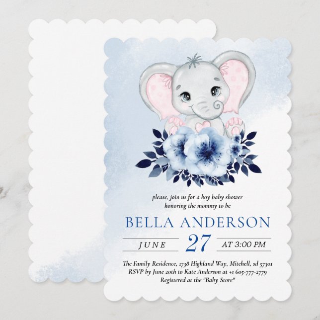 Elefant mit Blue Anemones Wasserfarben Babydusche Einladung (Vorne/Hinten)