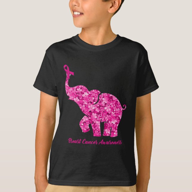 Elefant mit Blume Brustkrebs-Bewusstsein Ribbo T-Shirt (Vorderseite)