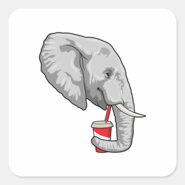 Elefant mit Drink Quadratischer Aufkleber (Vorderseite)