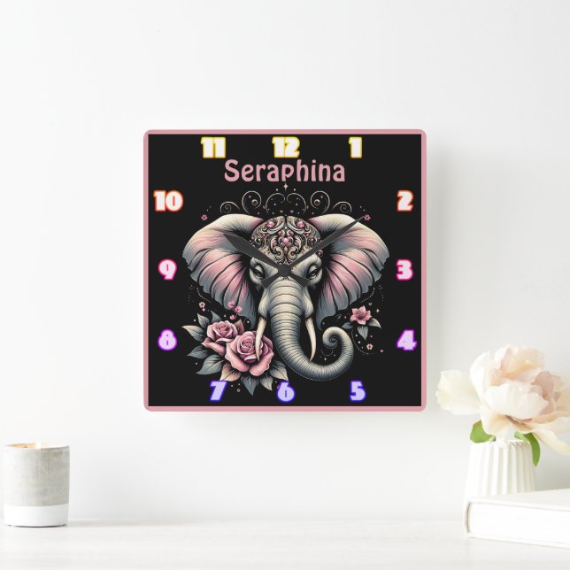 Elefant mit eleganter Rose-Abbildung Quadratische Wanduhr (Zuhause)