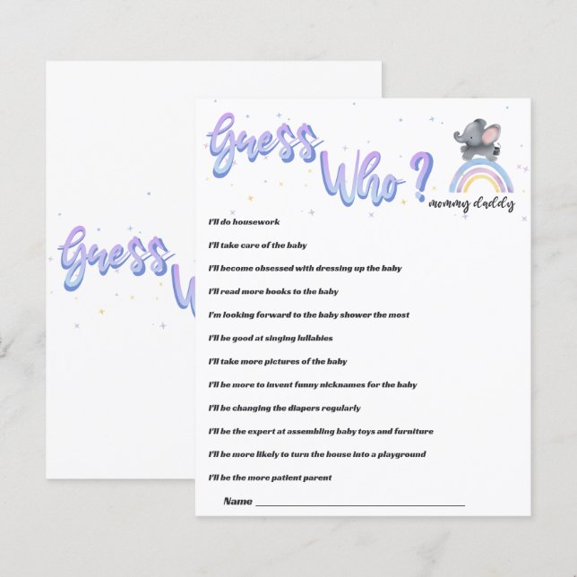 Elefant mit farbenfrohen Rainbow Baby Shower Game (Vorne/Hinten)