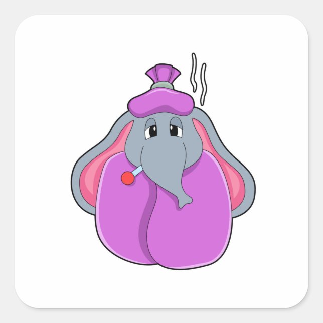 Elefant mit Fieberthermometer Quadratischer Aufkleber (Vorderseite)