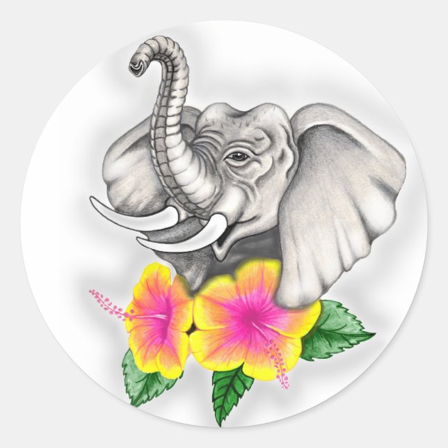 Elefant mit Hibiskus-Design Runder Aufkleber (Vorderseite)