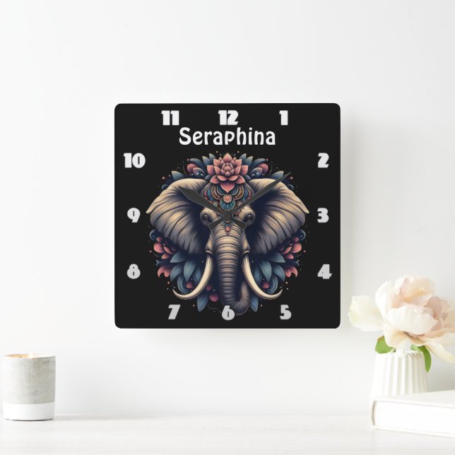 Elefant mit lebhaften Blumenmustern Quadratische Wanduhr (Zuhause)