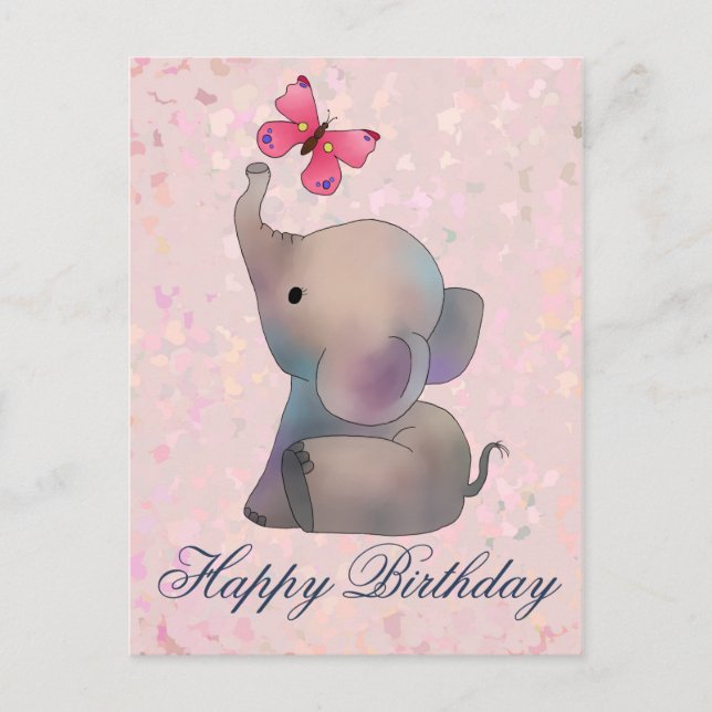 Elefant mit rosa Schmetterling Postkarte (Vorderseite)
