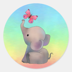 Elefant mit rosa Schmetterling Runder Aufkleber