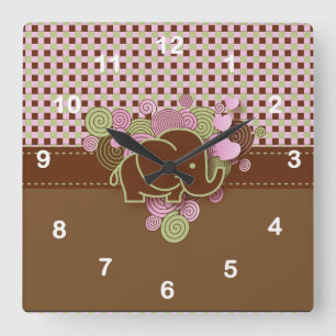 Elefant mit rosa und braun Kariertem Hintergrund Quadratische Wanduhr