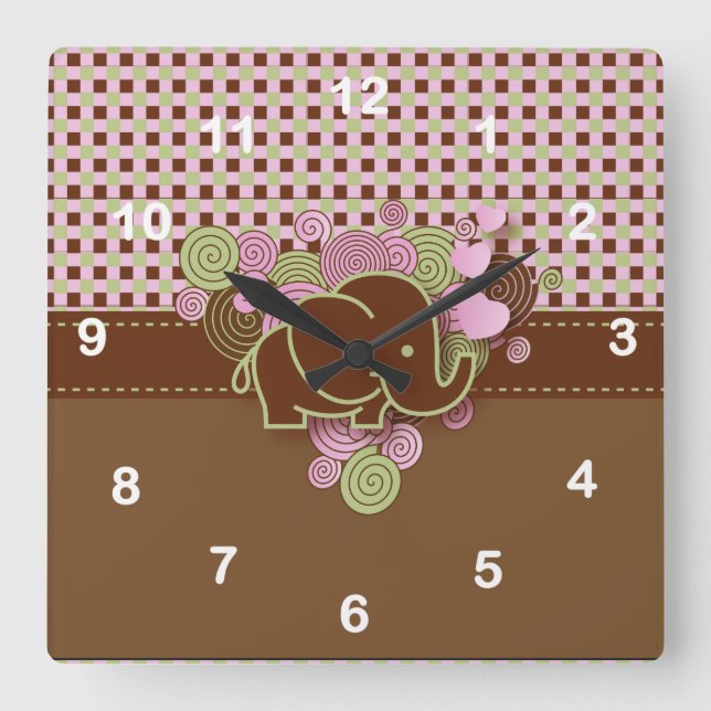 Elefant mit rosa und braun Kariertem Hintergrund Quadratische Wanduhr (Vorderseite)