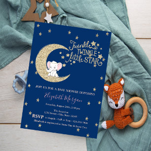 Elefant, Mond, Glitter  Funkelnder Stern Baby Show Einladung
