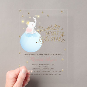 Elefant, Mond, Glitzer Sterne Gestreifte Babyparty Acryleinladungen