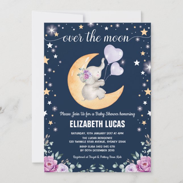Elefant Moon Twinkle Little Stars Babydusche Einladung (Vorderseite)