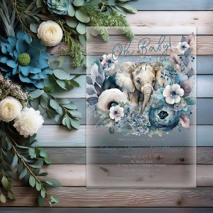 Elefant Oh Baby Blau Florales Babyshower Acryleinladungen