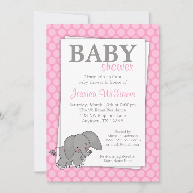 Elefant Pink Dots Girl Babydusche Einladung (Vorderseite)