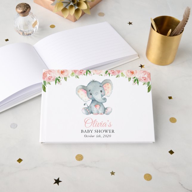 Elefant, rosa Aquarell-Blume, Babydusche Gästebuch (Vorderseite Offen)