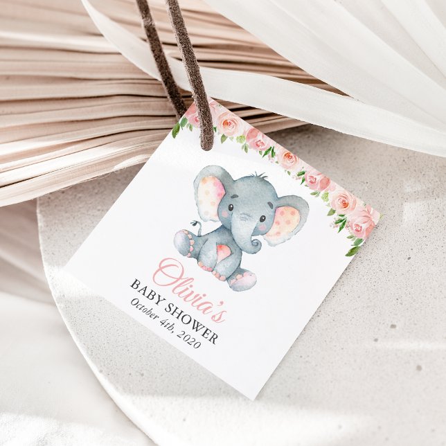 Elefant, rosa Aquarell-Blume, Babydusche Geschenkanhänger (Von Creator hochgeladen)