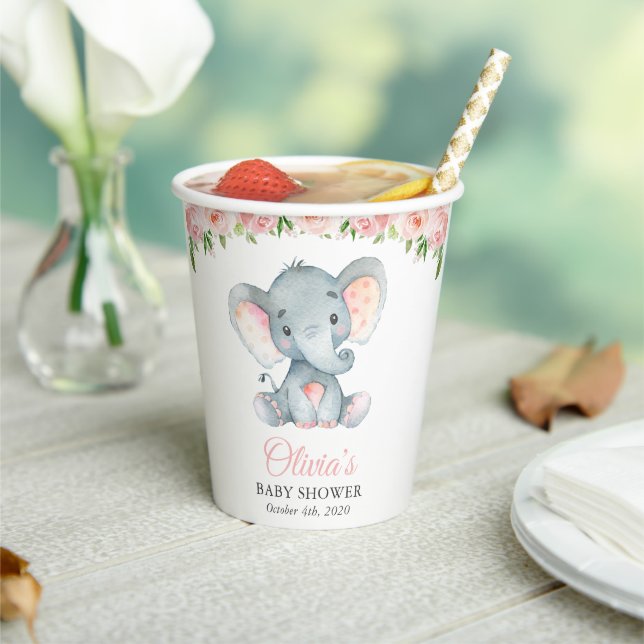 Elefant, rosa Aquarell-Blume, Babydusche Pappbecher (In Situ)