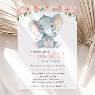 Elefant, rosa Aquarellblumen, Babyparty Einladung