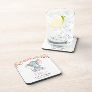 Elefant, rosa Aquarellblumen, Babyparty Getränkeuntersetzer