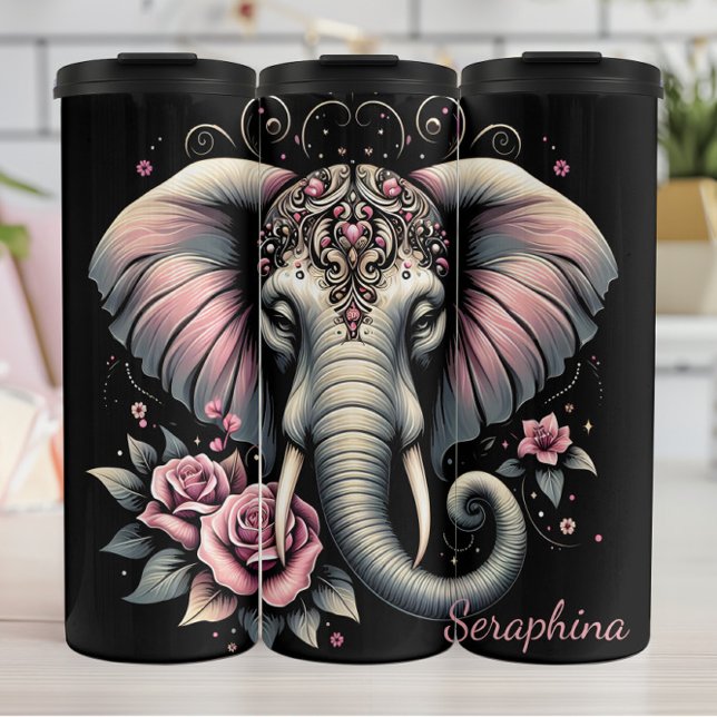 Elefant: Rosa Lotus, Blumenkopf Thermosbecher (Von Creator hochgeladen)