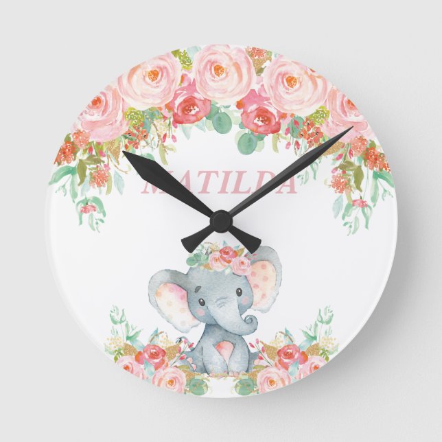 Elefant-rosa Runde Wanduhr (Vorderseite)