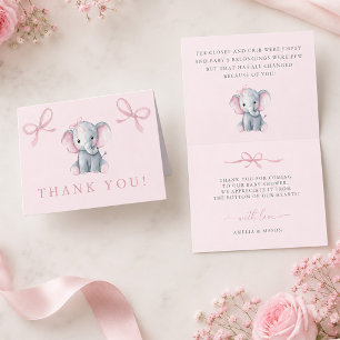 Elefant Rosa Schleife Baby Mädchen Dusche Dankeskarte