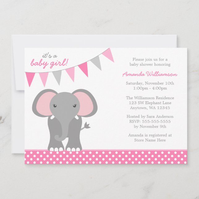 Elefant-rosa Tupfen-Fahnen-Mädchen-Babyparty Einladung (Vorderseite)