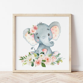 Elefant, Safari, rosa Blume, Girl-Kinderzimmer Fotodruck