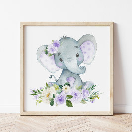 Elefant, Safari, violette Blumen, neutrale Geschle Fotodruck